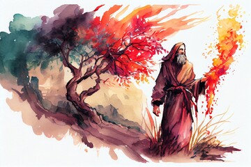 watercolor illustration of a moses and the burning bush artistic impression. generative ai