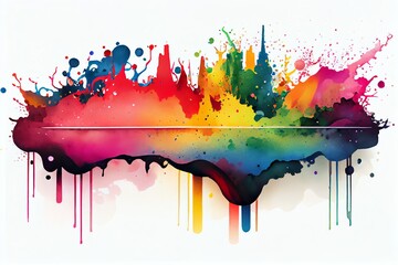 Wall Mural - Watercolor Illustration of a Panorama Exploding Liquid Paint In Rainbow Colors With Splashes Header Illustration. Generative AI