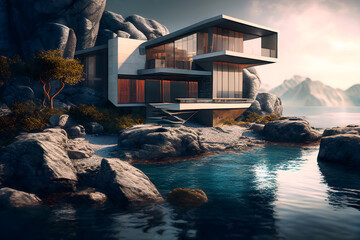 Wall Mural - Modern house design, exterior of luxury villa by river or lake at sunset, generative AI