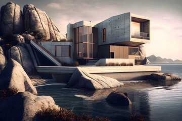 Wall Mural - Modern house design, exterior of luxury villa by river or lake, generative AI