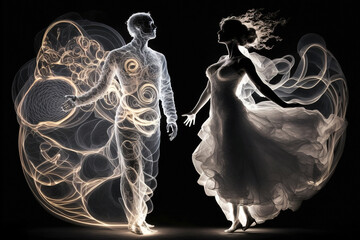 Wall Mural - Bride and groom wedding couple in silhouette with glowing lines, illustration, generative AI