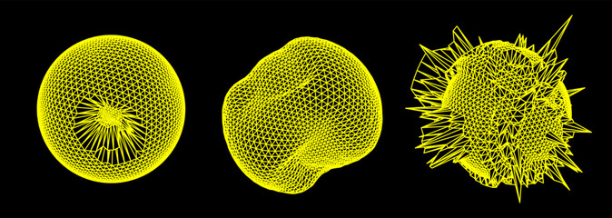 Aufkleber - Distorted spheres and blobs made of mesh.  Set of abstract vector 3D shapes for cover or poster design. 