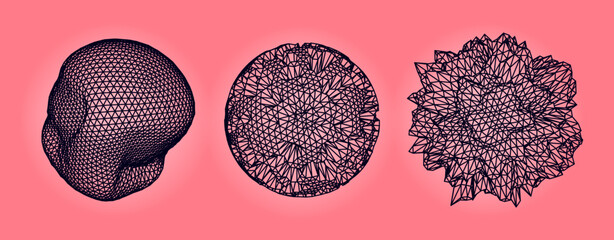 Aufkleber - Distorted spheres and blobs made of mesh.  Set of abstract vector 3D shapes for cover or poster design. 
