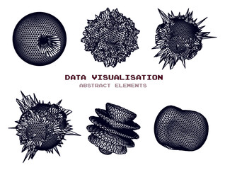 Aufkleber - Distorted spheres and blobs made of mesh.  Set of abstract vector 3D shapes for cover or poster design. 