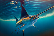 Blue Marlin Billfish In Turquoise Ocean Water. Right Angle View. Sport Fishing Concept. Horizontal Illustration. Generative AI