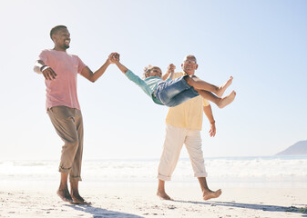 Wall Mural - walking, love and happy family play on beach holiday for peace, freedom and outdoor quality time together. Nature sunshine, ocean sand and Jamaica children, grandparents or people smile on vacation