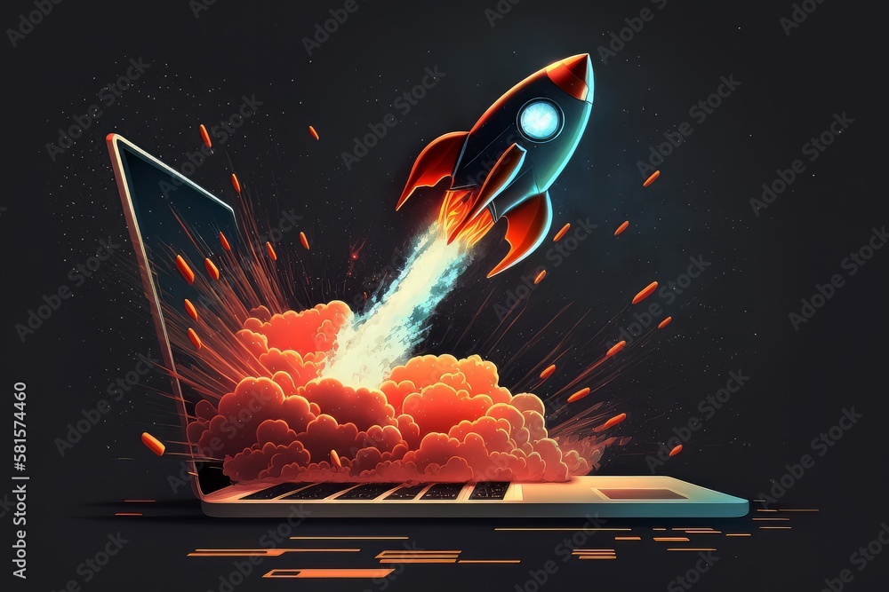 Rocket Using Computer Graphics Launching Space Rocket From Laptop Screen. Generative AI Stock ...