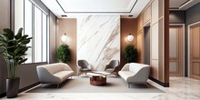 Elegance Modern Reception Interior In White Marble And Wood Style With Waiting Area. Generative AI