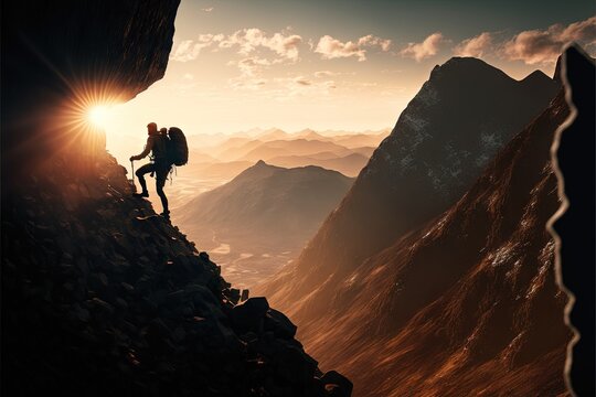 conquering the peaks: inspiring photo of a hiker pushing through the challenge of a mountain hike. h
