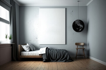 Blank frame on wall in teenager or student bedroom. Template for Design. Mock Up. AI generated