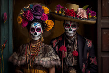Portrait Of A Couple In Day Of The Dead Makeup. AI Generated