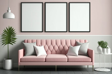 Poster - Mockup of the interior of a house. Pink sofa, three empty vertical wooden frames. mock-up of a poster for modern interior design. No cost copy space. Generative AI