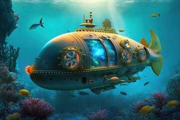 Wall Mural - Luxury submarine in water. Generative AI.