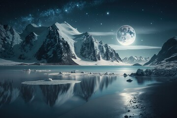 Wall Mural - Capped mountains with ocean views in moonlight and sparkling stars. Generative AI.