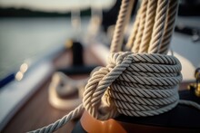 Closeup Image Of Ropes Lying On The Wooden Deck. AI Generation