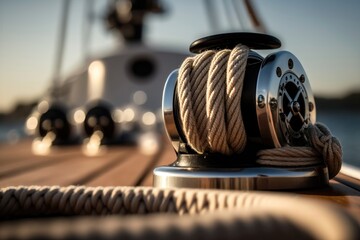 Closeup image of ropes lying on the wooden deck. AI Generation