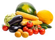 PNG. Ripe vegetables and fruits: potatoes, cabbage, tomatoes, corn, cucumbers and eggplants, watermelon and melon. Isolate