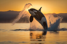 Photorealistic Ai Artwork Of An Orca Or Killer Whale Jumping Out Of The Water At Sunset. Generative Ai.