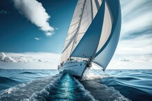 Sailing Ships Yachts With White Sails In The Open Sea. AI Generation