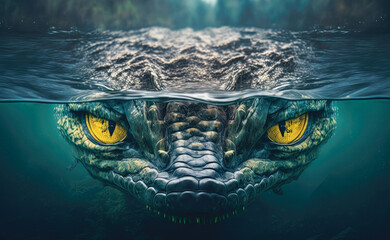 Wall Mural - A crocodile swimming in a river with its eyes just above the water, creating a ripple effect - Generative AI