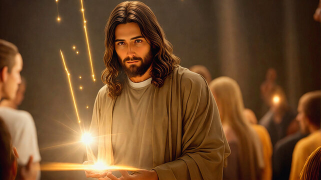 illustrational view of jesus christ in white clothes and loving peaceful face holding glowing energy staying and teaching crowd, blurry people in background, generative AI