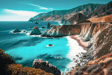 The Rugged Coastline Of Big Sur, California, With Dramatic Cliffs Dropping Into The Sparkling Turquoise Waters Of The Pacific Ocean - Generative AI