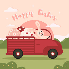 Vector Illustration Of A Rabbit With Teeth. The Rabbit Is Carrying The Eggs. Happy Easter Text, Cartoon, Car, Vector, Bunny, Easter