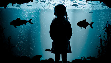 Wall Mural - silhouette of a young girl standing in front of an aquarium - Generative AI