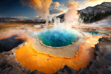 The Geothermal Hot Springs Of Yellowstone National Park, USA, With Steam Rising From The Pools Against A Backdrop Of Rugged Mountains - Generative AI