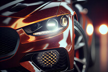 Orange And Black Luxury Suv, Modern Car Headlight Close Up Scene
