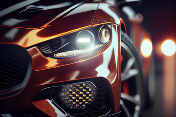 Orange and black luxury suv, Modern car headlight close up scene