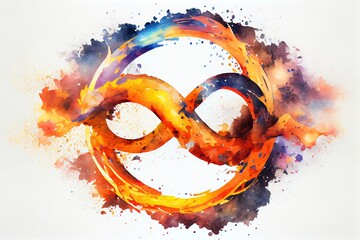 Wall Mural - watercolor illustration of a abstract infinite shape on fire. eternity concept. generative ai