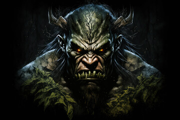 Wall Mural - Ugly green orc warrior portrait on a black background. Green-skinned muscular orc fighter face close up, Generative AI. Mystical magic creature.