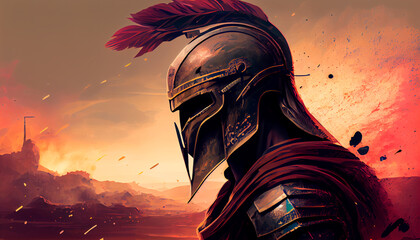 spartan soldier illustration with helmet and battlefield in background. generative ai