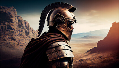 spartan soldier illustration with helmet and battlefield in background. generative ai