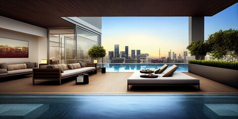 amazing luxury penthouse with pool overlooking Singapore skyline, generative ai
