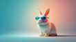 cute 3d white bunny rabbit wearing cool blue and purple glasses on a teal blue green, yellow, orange muted pastel gradient background