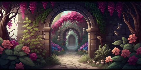 A digital painting of a hidden fairytale garden with lush greenery and flower arches, Generative AI