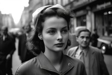 Vintage Young Woman Walking Through Paris Street In 1947