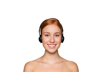 Wall Mural - Portrait of a smiling caucasian teenage girl with headphone, isolated