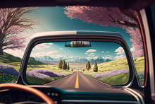 Road Trip In Spring. View Through Car Window. AI Generated Image