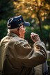 American Senior War Veteran saluting his fallen comrades graves at a cemetery.Generative AI