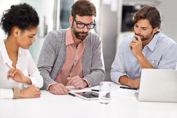 Wall Mural - Going over the projects online presence. a group of a diverse group of business professionals having a meeting.