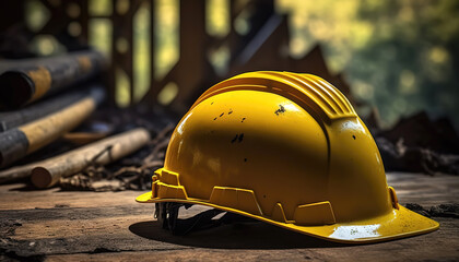 3D Illustration Digital Art. Close-up on one safety matte yellow plastic helmet on a metal table indoors with a clean cold modern industry background.	