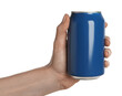 Woman holding blue aluminum can on white background, closeup