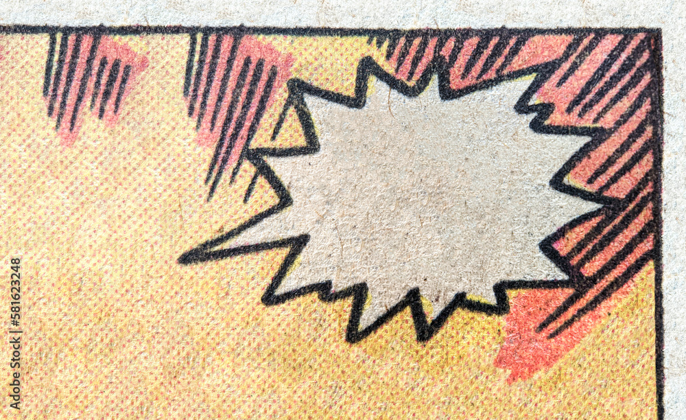 Vintage comic book page with empty white text bubble and dot printing ...
