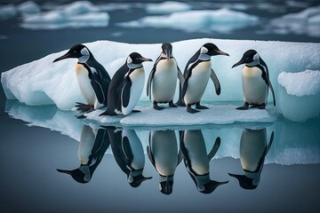 Wall Mural - Nature's ice dancers: Penguins gracefully move across the frozen water - Generative AI