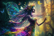 Colorful Magical Dancing Fairy In Enchanted Fantasy Forest, Generative AI