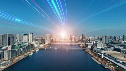Aufkleber - Modern city aerial view and light ray to the future concept. Communication network. Drone point of view.