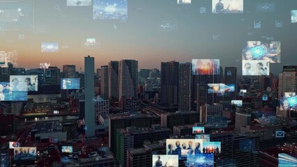 Fototapete - Modern city and digital contents concept. Social networking service. Streaming video. communication network.